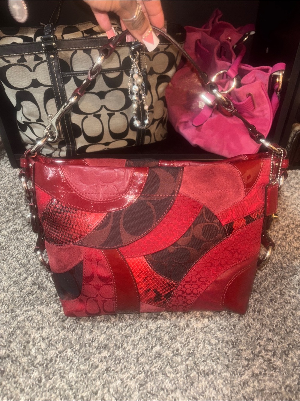 Coach Red Patchwork Leather & Signature Canvas Shoulder Bag